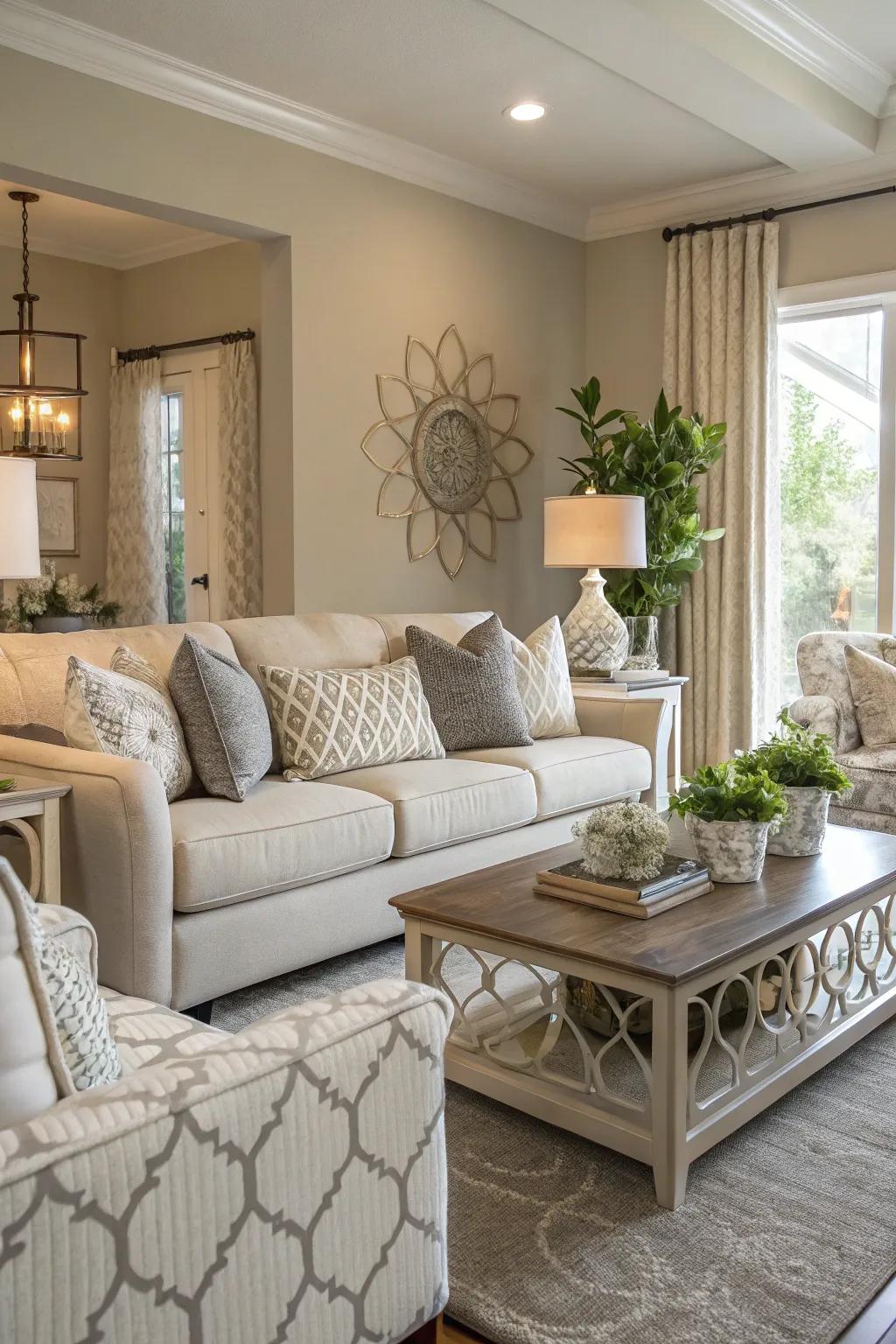 Muted tones fashion a serene and flexible living area atmosphere.