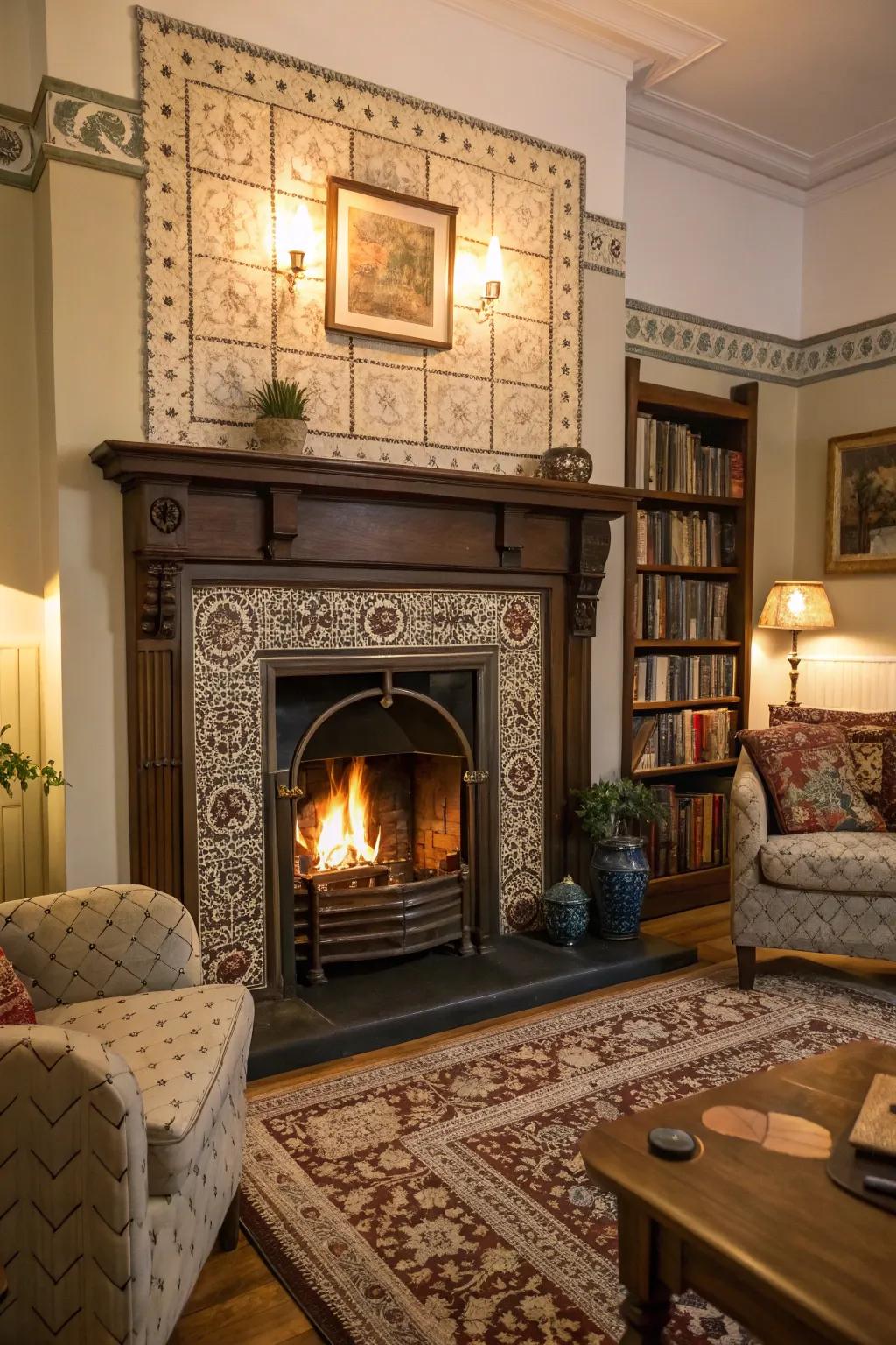 A traditional fireplace embellished with exquisite Victorian stoneware.