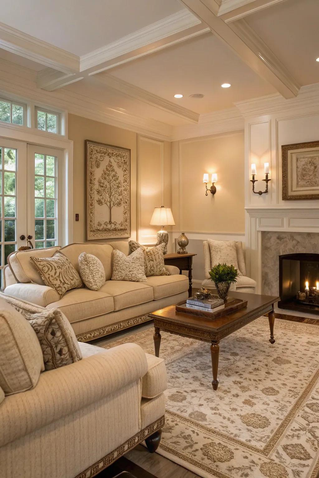A serene classic living room featuring a subdued color story.