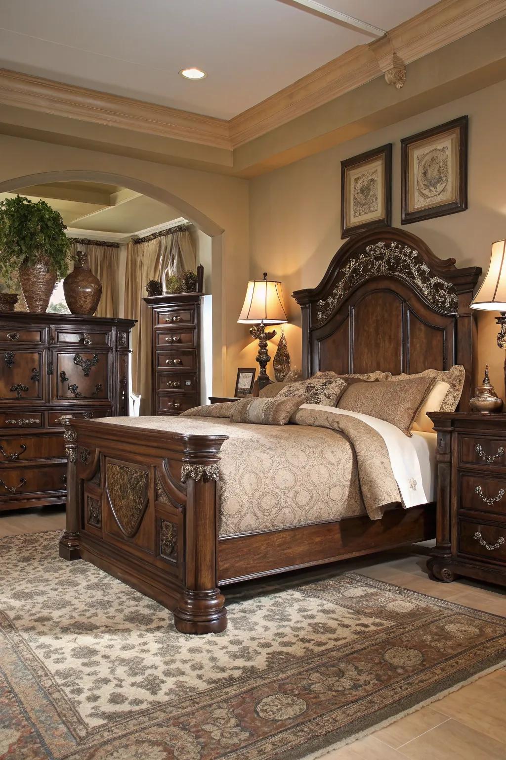 Opulent wood furnishings infuse your bedroom with elegance and warmth.