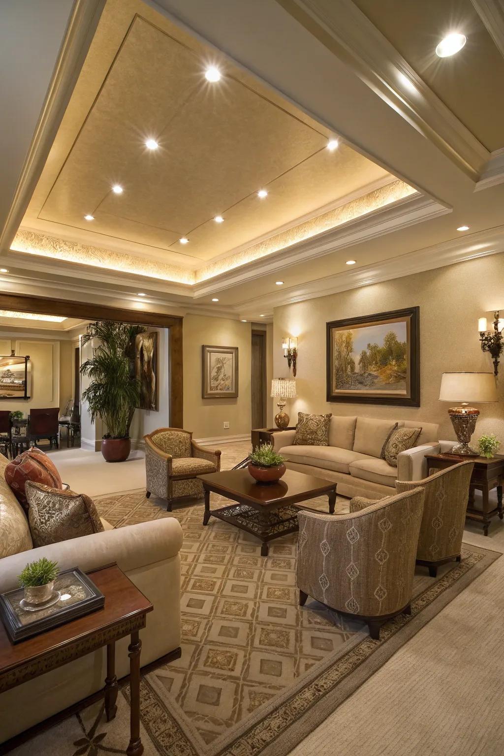 A refined living room showcases a tray ceiling enhanced by inset lighting.