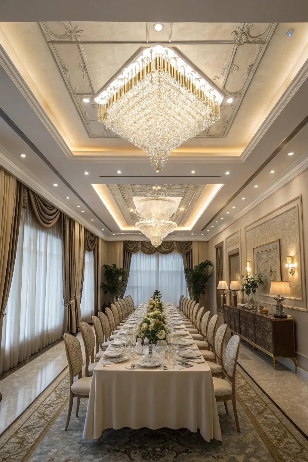 A lavish dining space is elevated by an exquisite crystal chandelier.