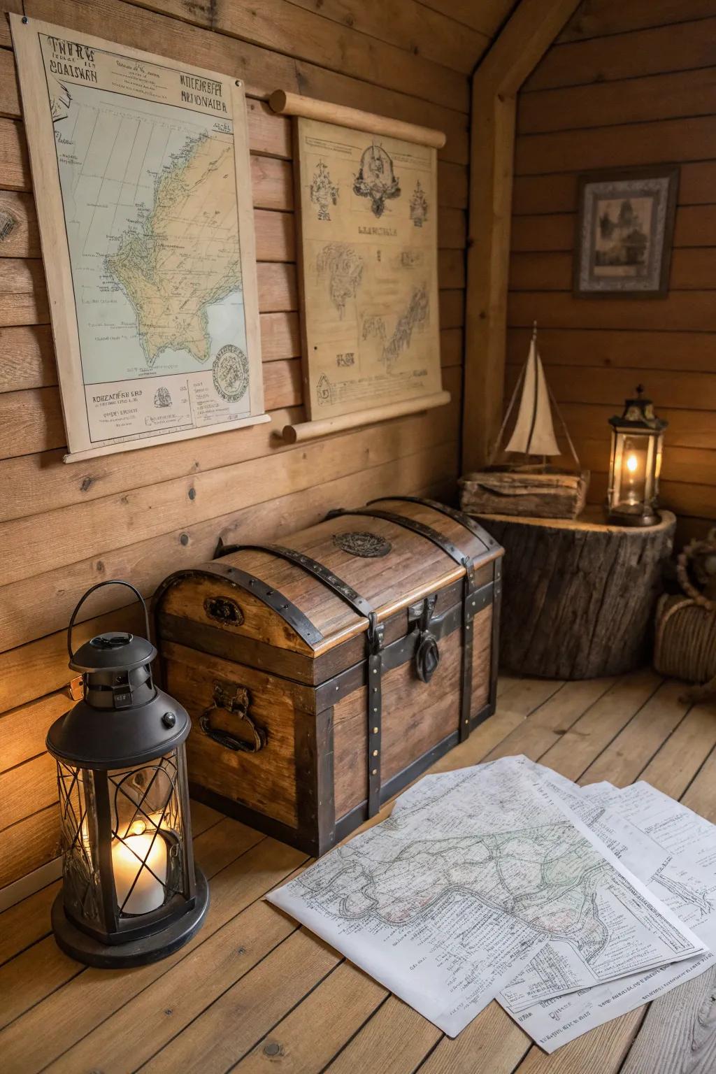 A homespun wooden treasure chest evokes sentiments of yesteryear in a cabin ambiance.