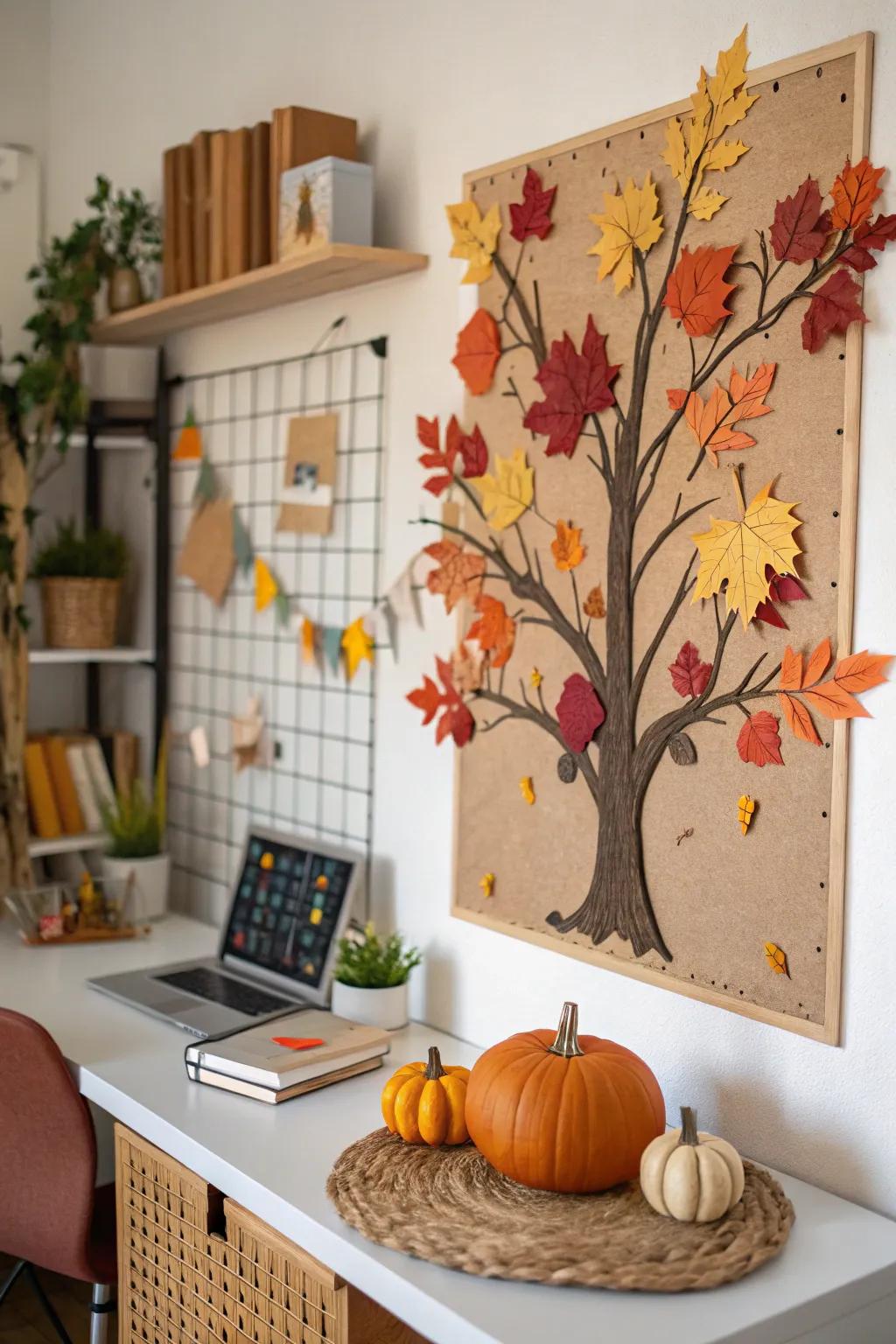 A tree-themed bulletin board celebrating autumn with colorful leaves and pumpkins.