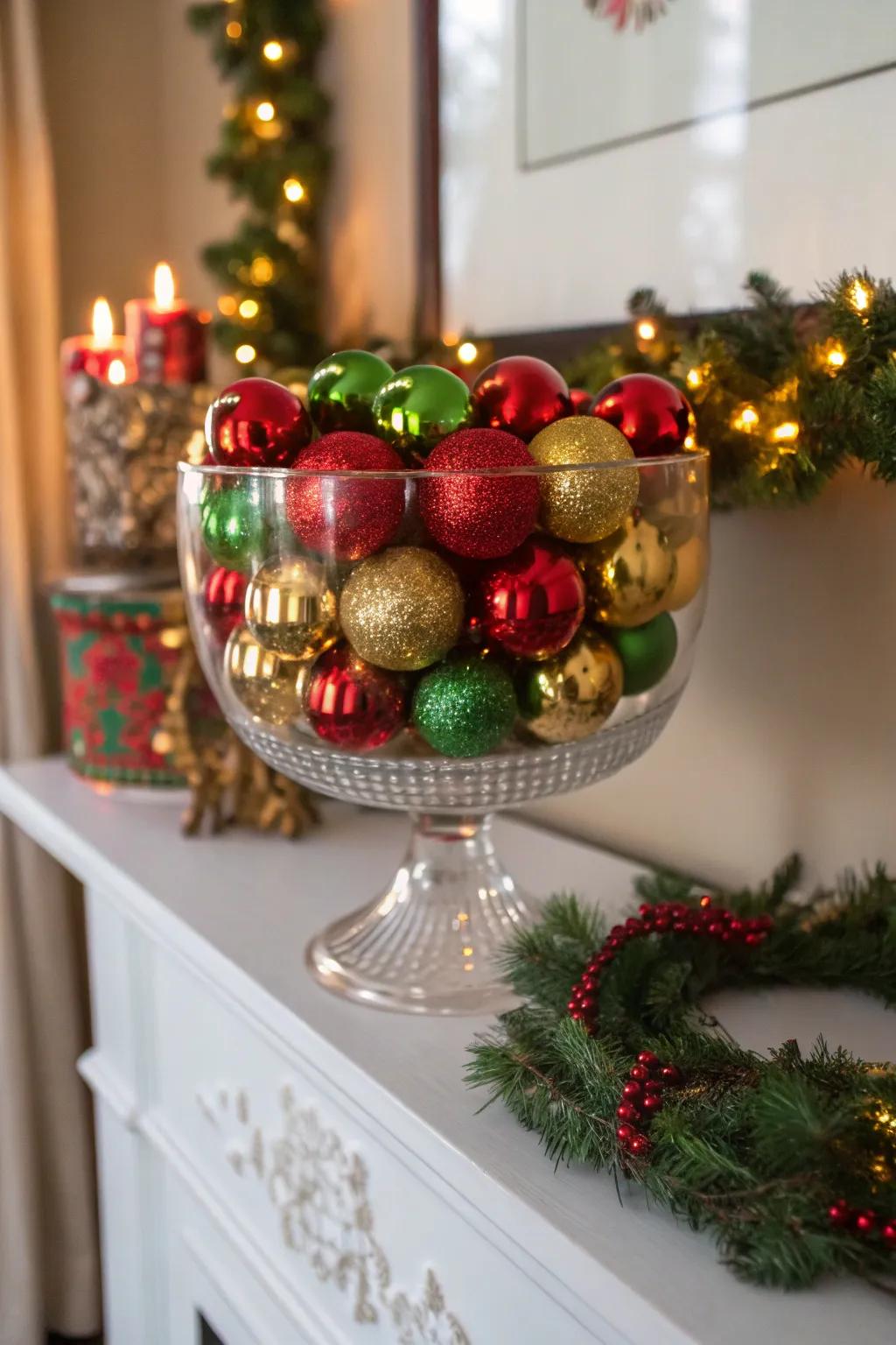 A trifle bowl overflowing with holiday joy, showcased by vibrant ornaments.