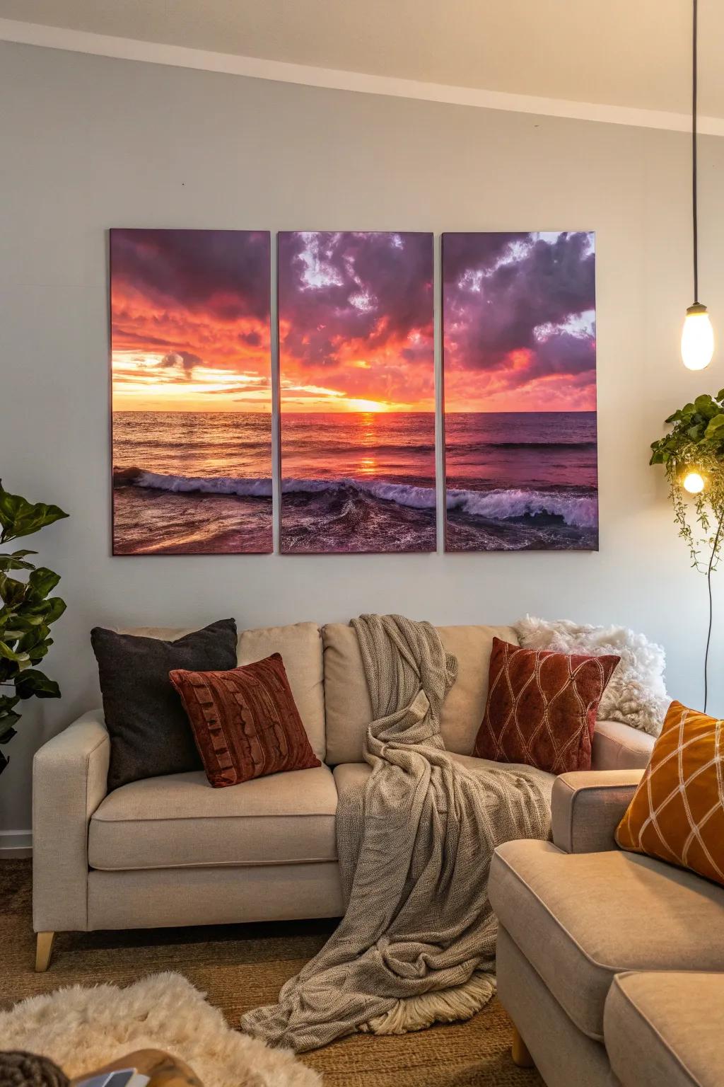Triptych art displaying an ocean sunset.