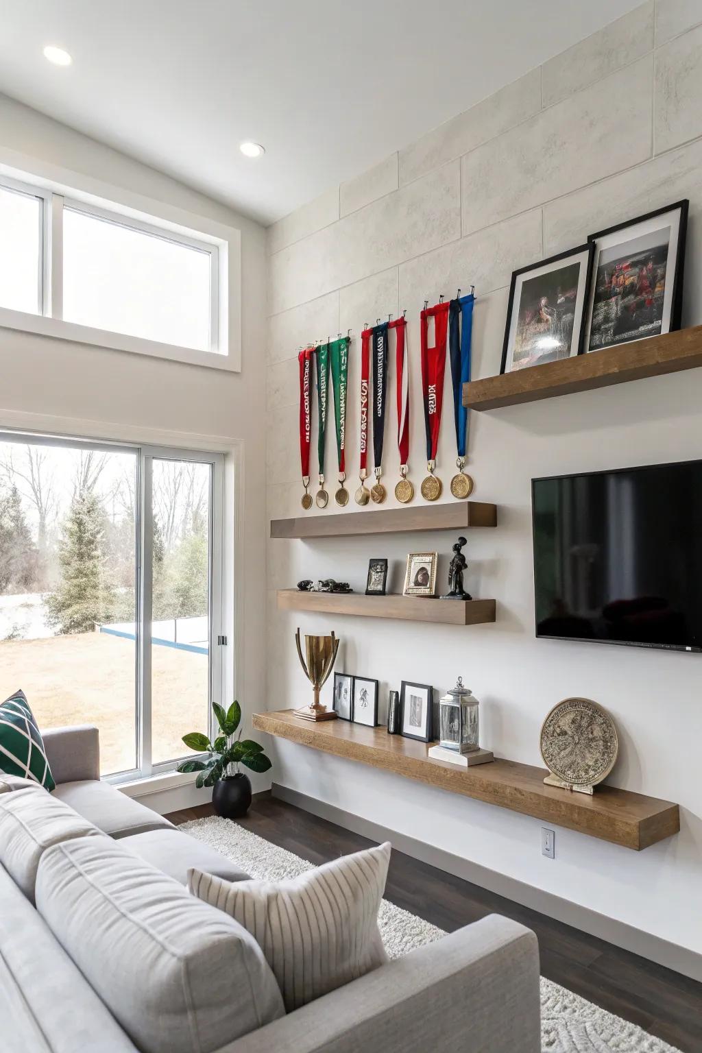 Contemporary floating shelves showcasing trophies