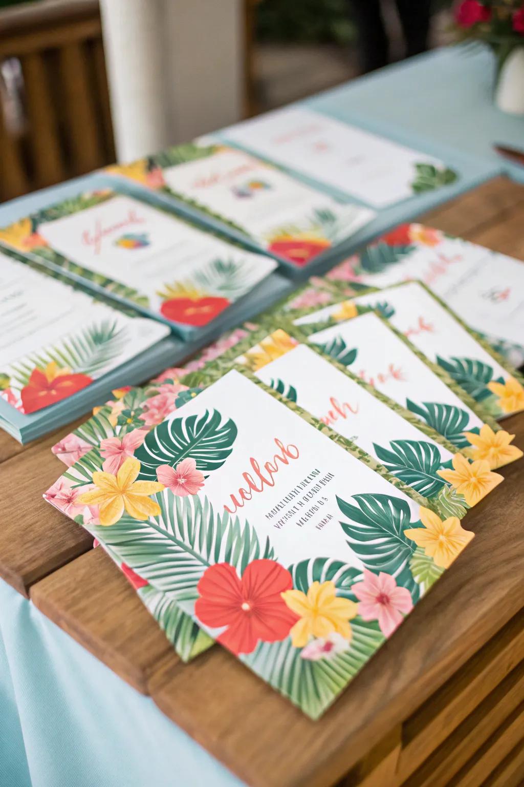 Craft the atmosphere with lively tropical invitations.