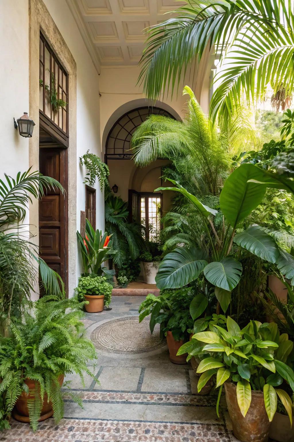 Transform your entryway into a verdant haven with tropical plants.