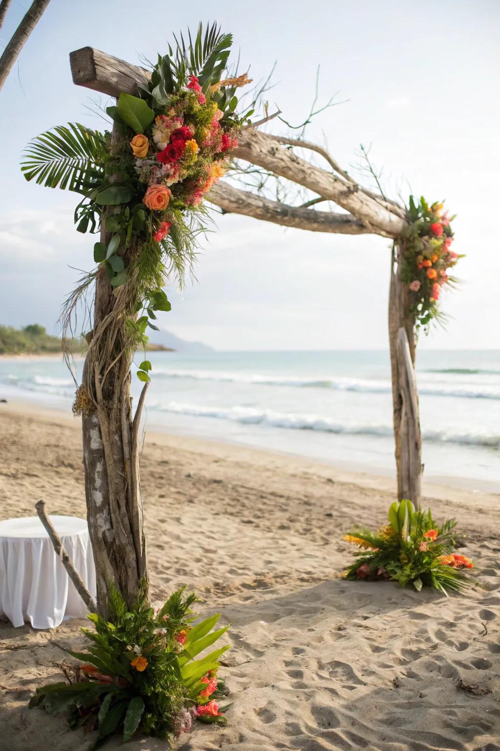 A naturally exquisite salvaged wood wedding arch adorned with rainforest floral accents.