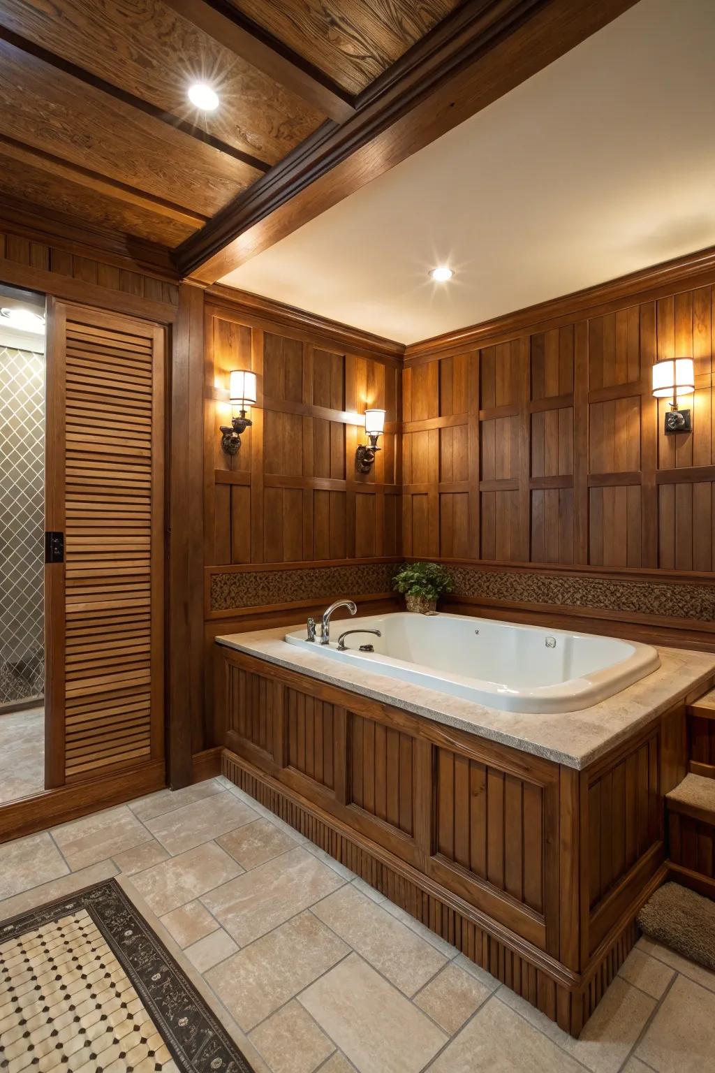 A tub surround featuring authentic wood details that emanate warmth and comfort.