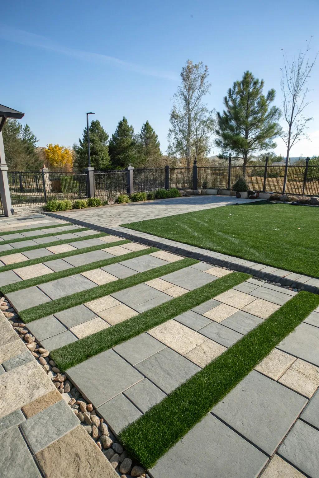 A modern patio featuring a harmonious blend of synthetic lawn and flagstone pavers.