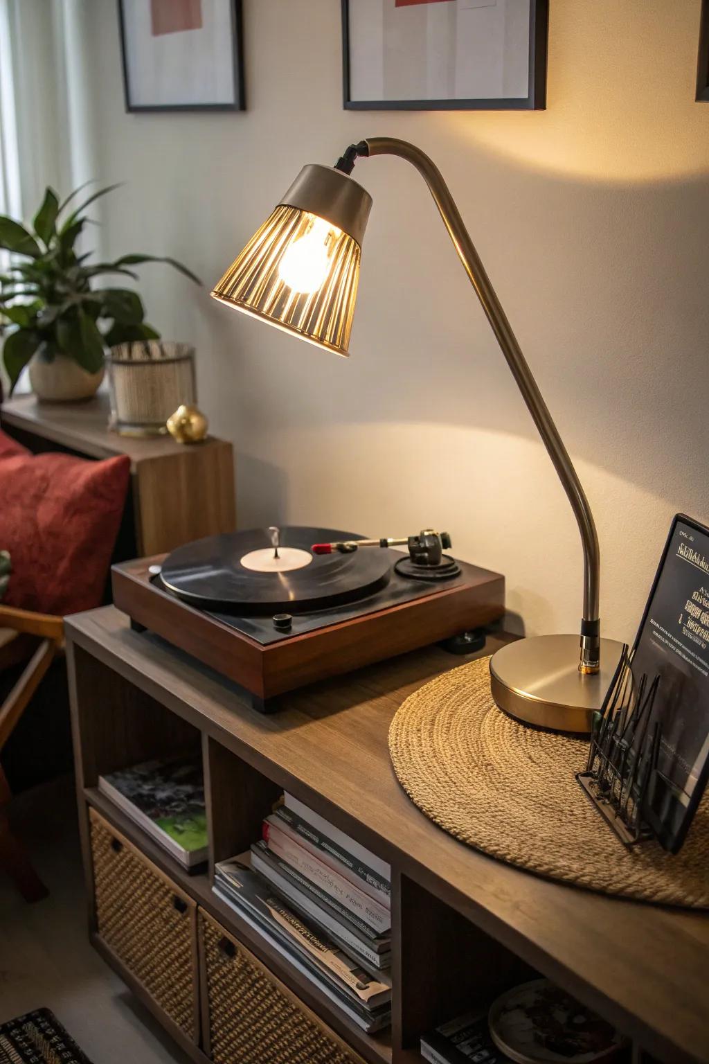 A flexible neck lamp providing direct light to a turntable.