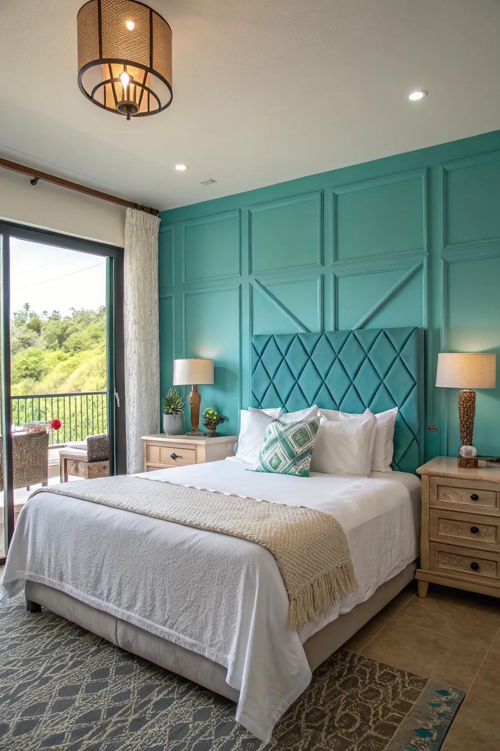 A turquoise feature wall imparts a dynamic element to this tranquil bedroom environment.