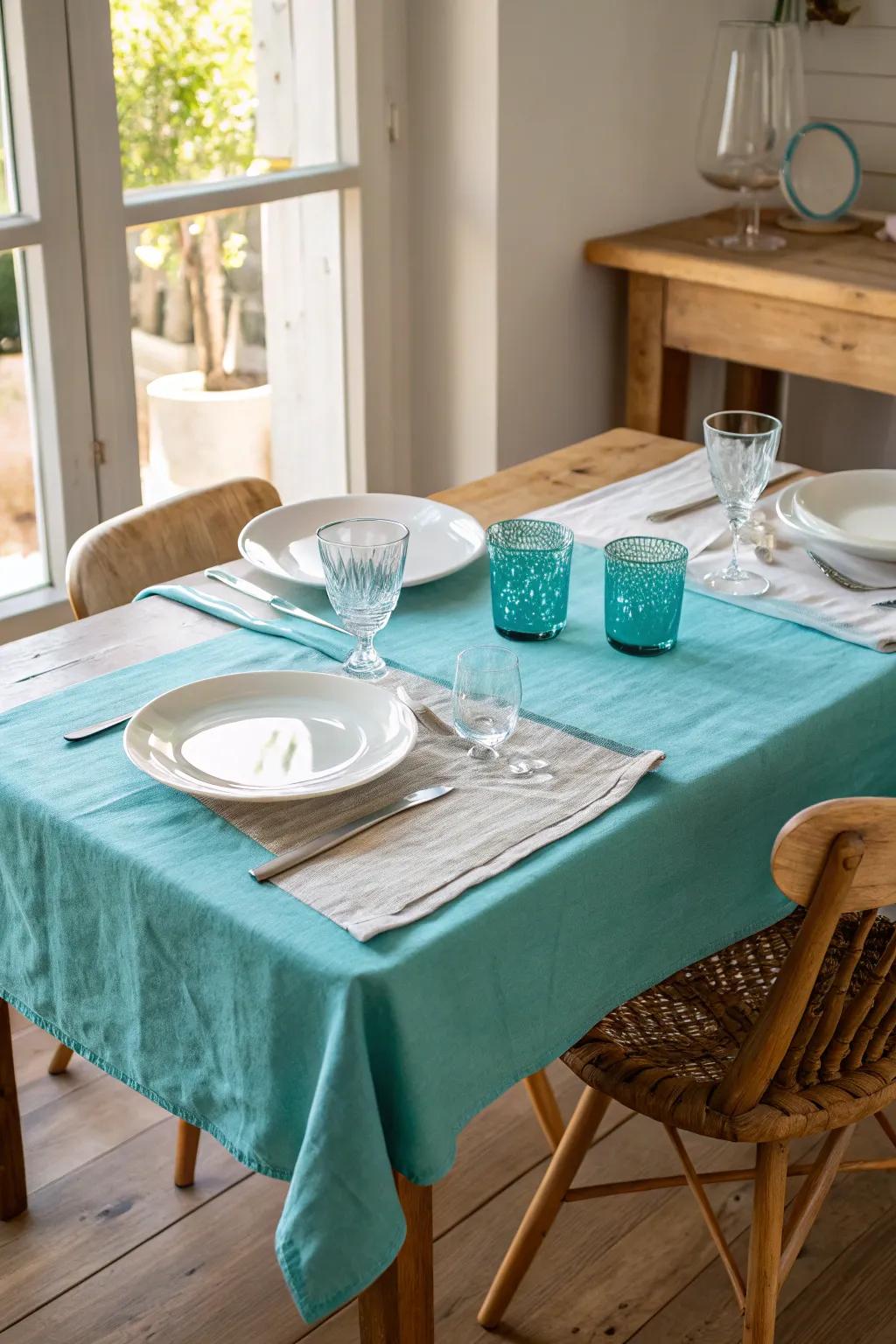 An azure tablecloth establishes a lively base for your table's ornamentation.
