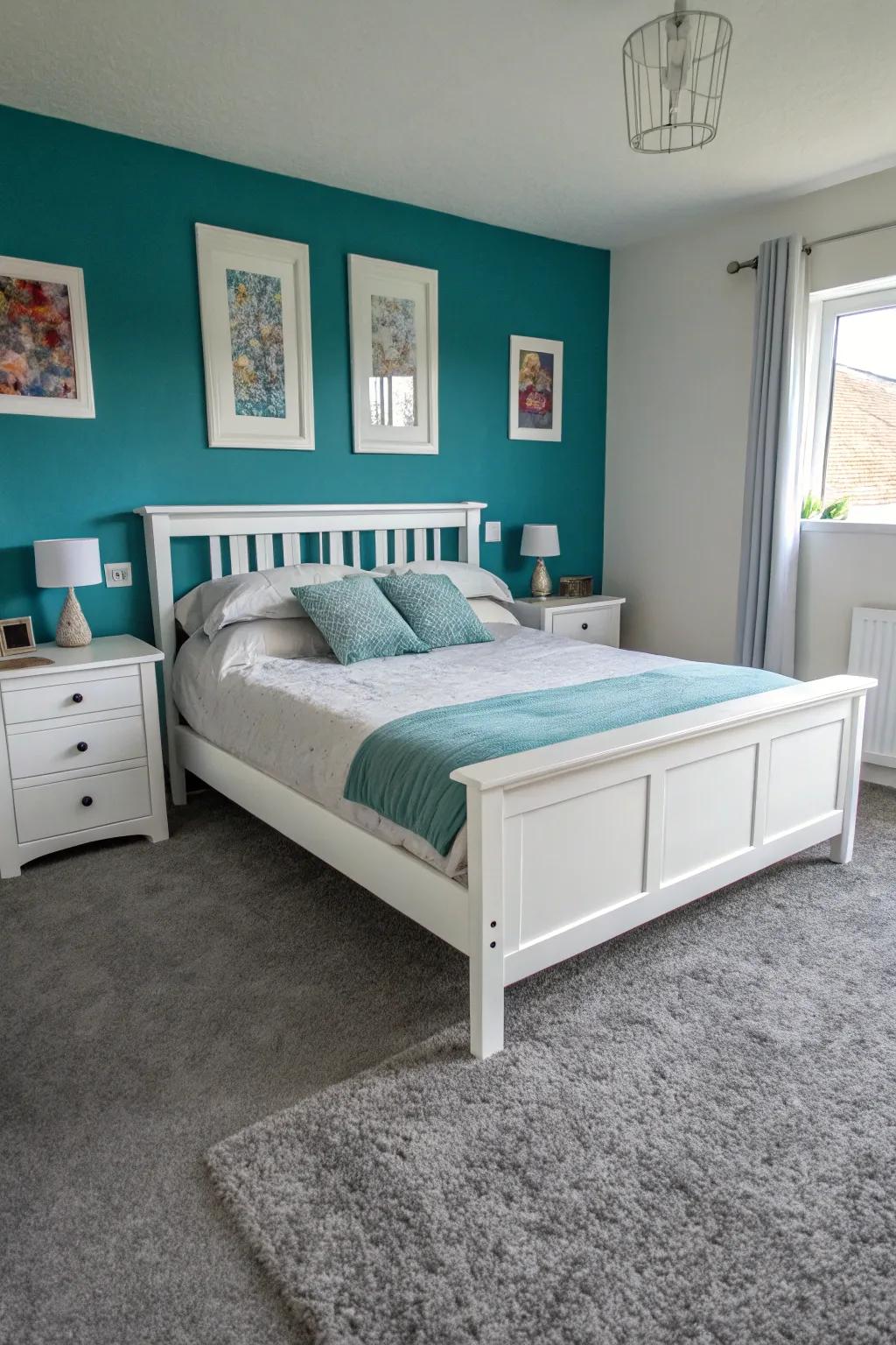 A vibrant sea-green statement wall combined with minimalist design.