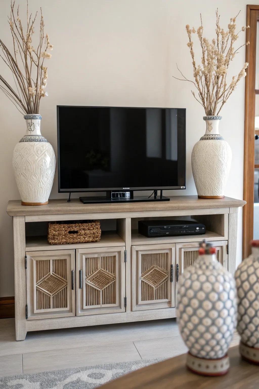 Symmetrical decorations featuring identical vases atop a media console.