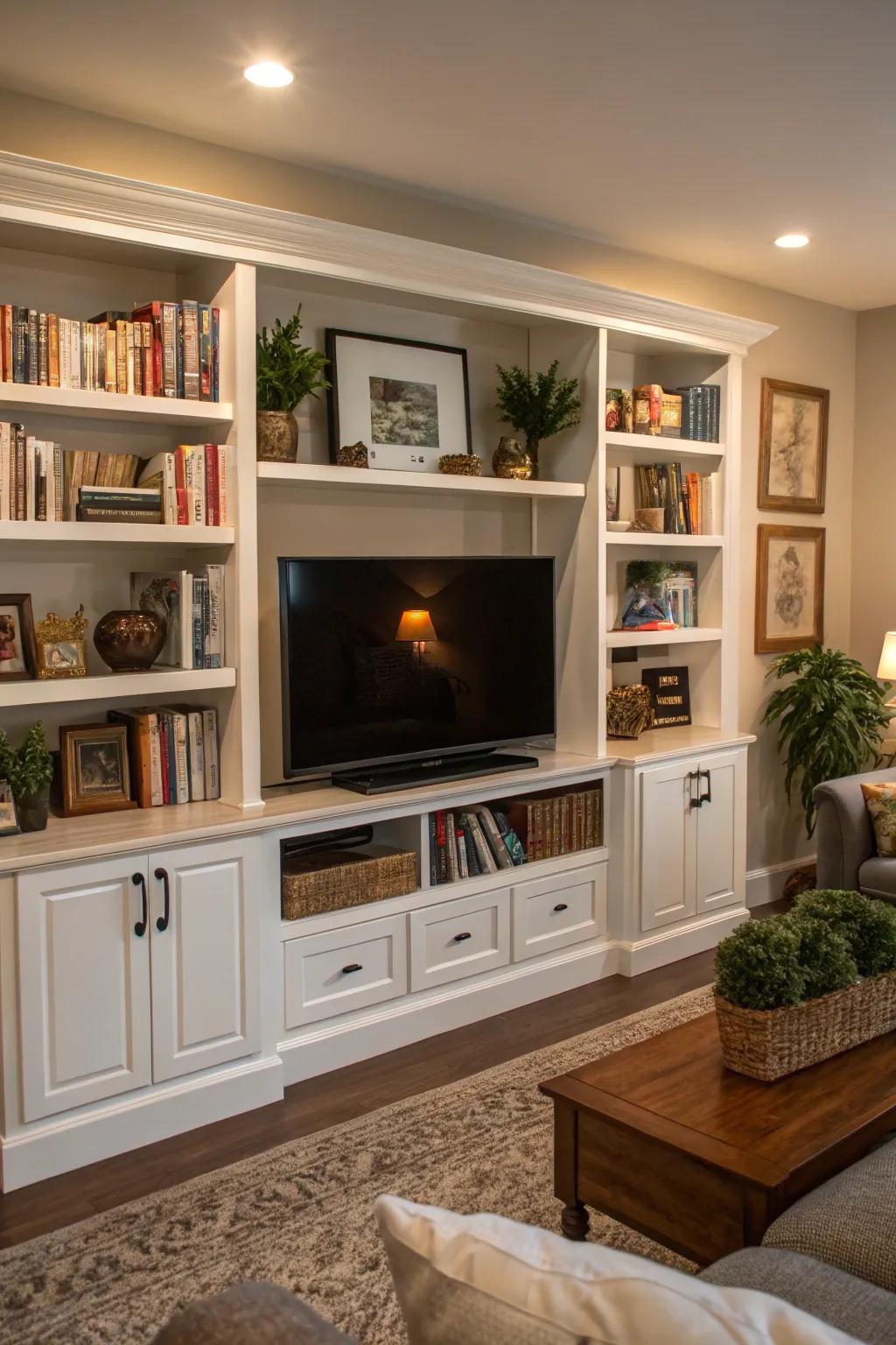 A welcoming living space showcasing a TV with integrated shelving.