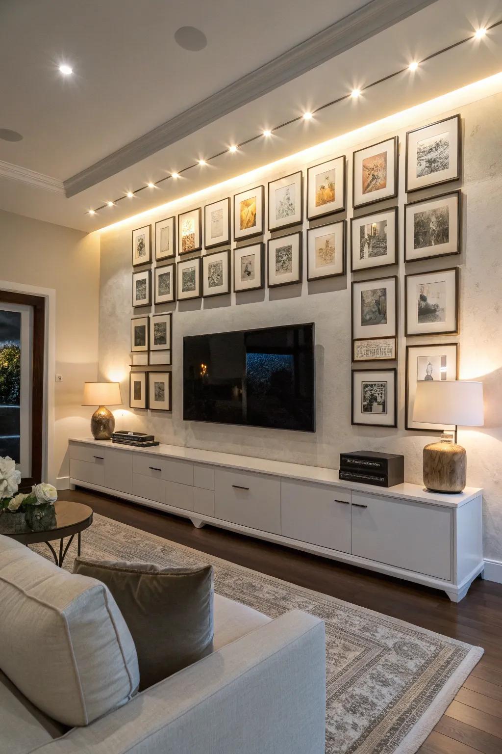 A balanced and symmetrical TV gallery wall is an eternally stylish design.