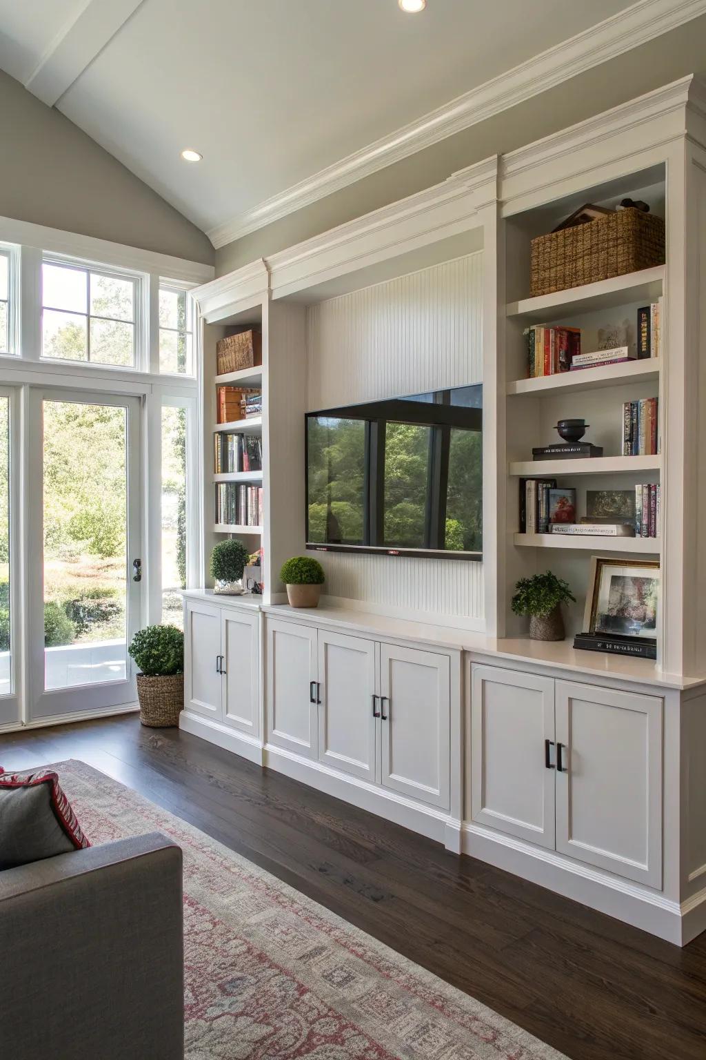 A TV thoughtfully nestled within integrated cabinetry for a seamless integration.