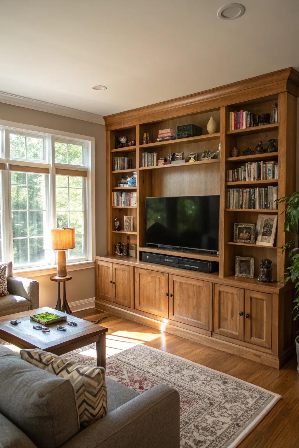 Integrated shelving enhances the charm and utility of your TV wall.