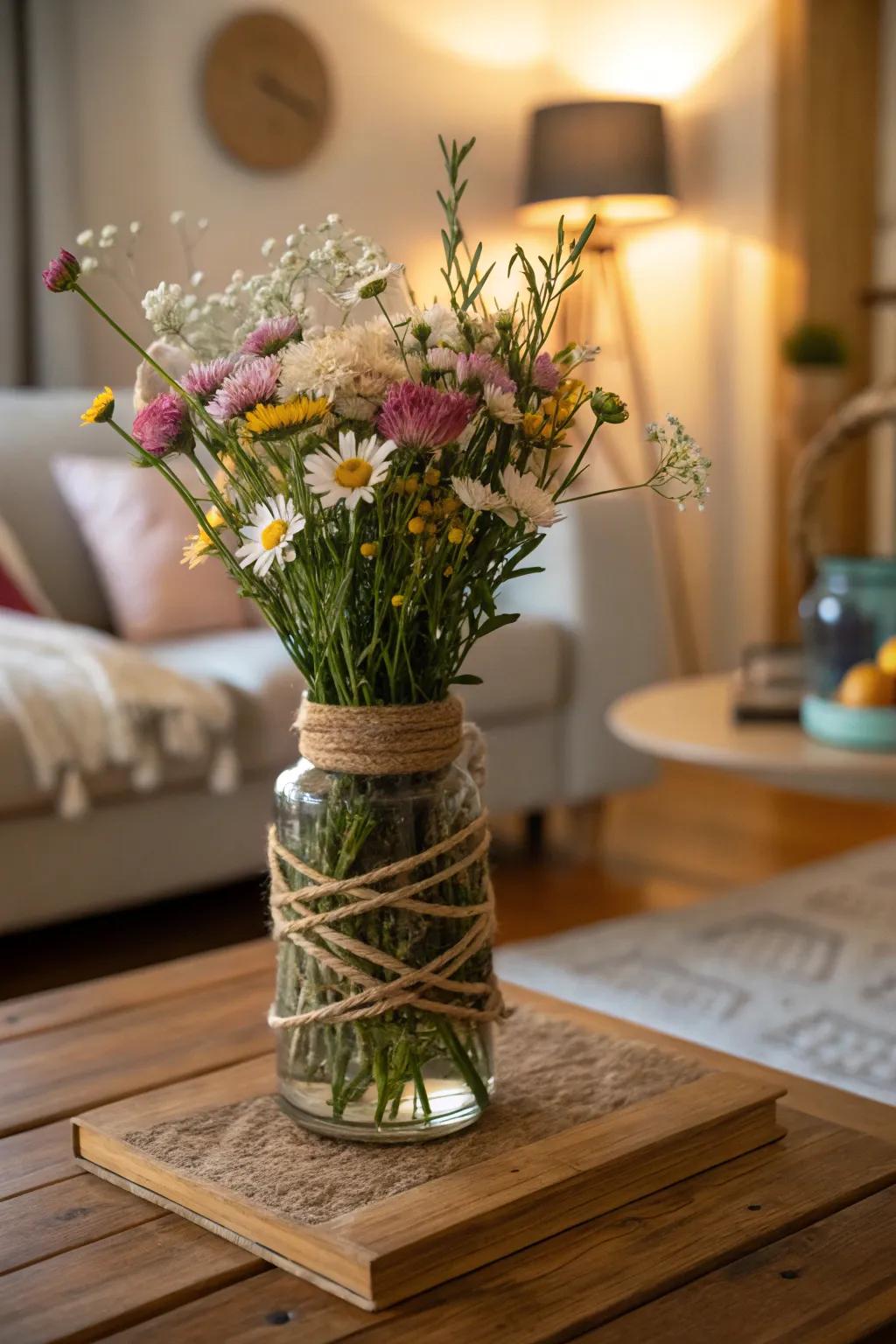A countryside branch-wrapped carafe brimming with untamed blossoms for an innate impression.