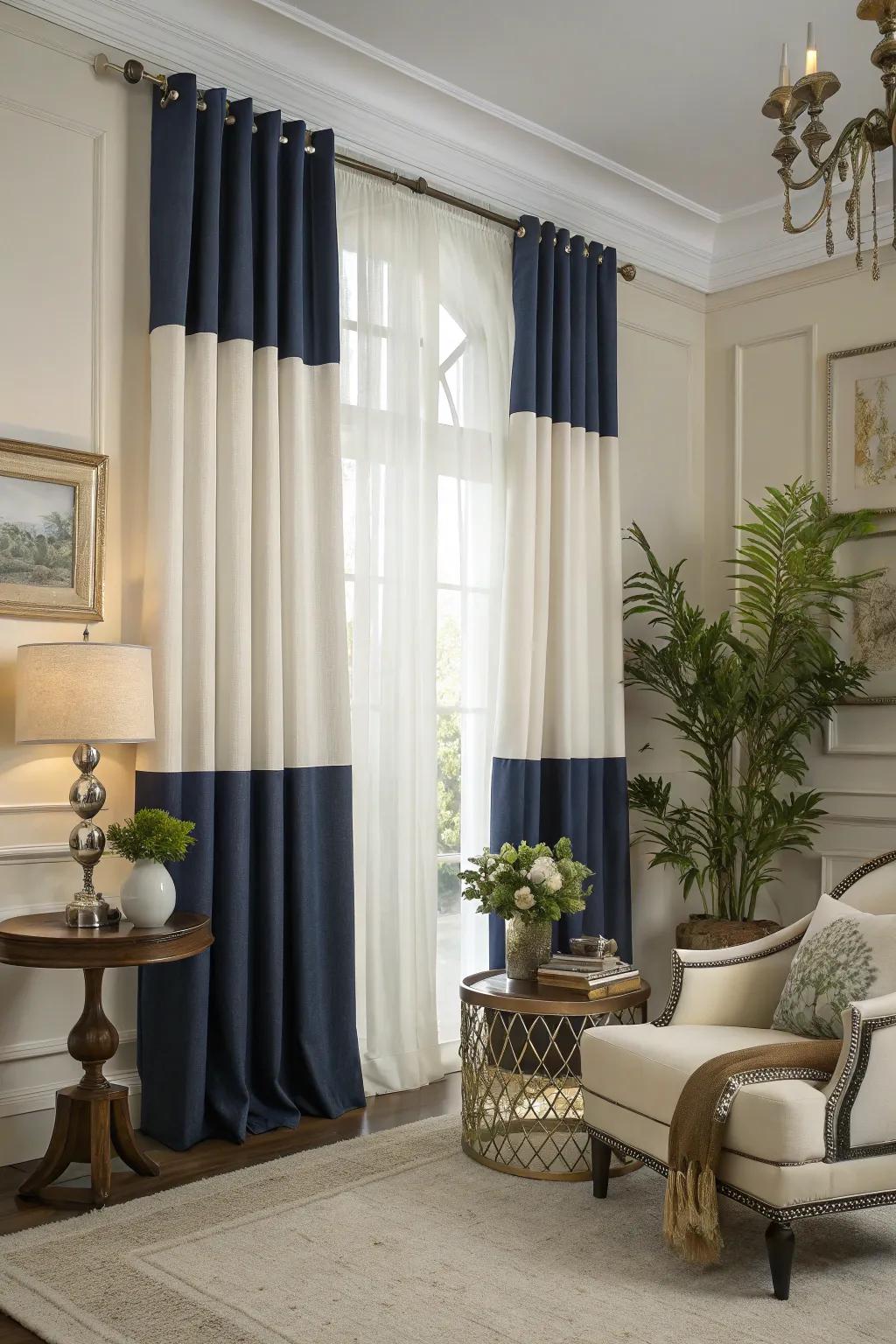Deep blue and white window dressings creating a bold statement in a modern drawing room.