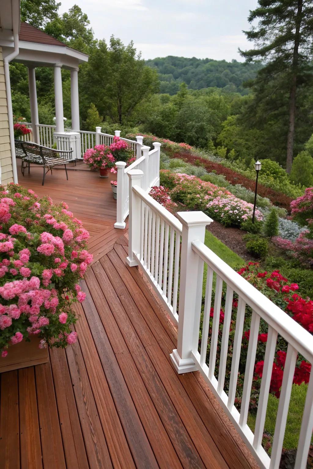 A timeless combination of deep wood and pure white for a classic deck aesthetic.