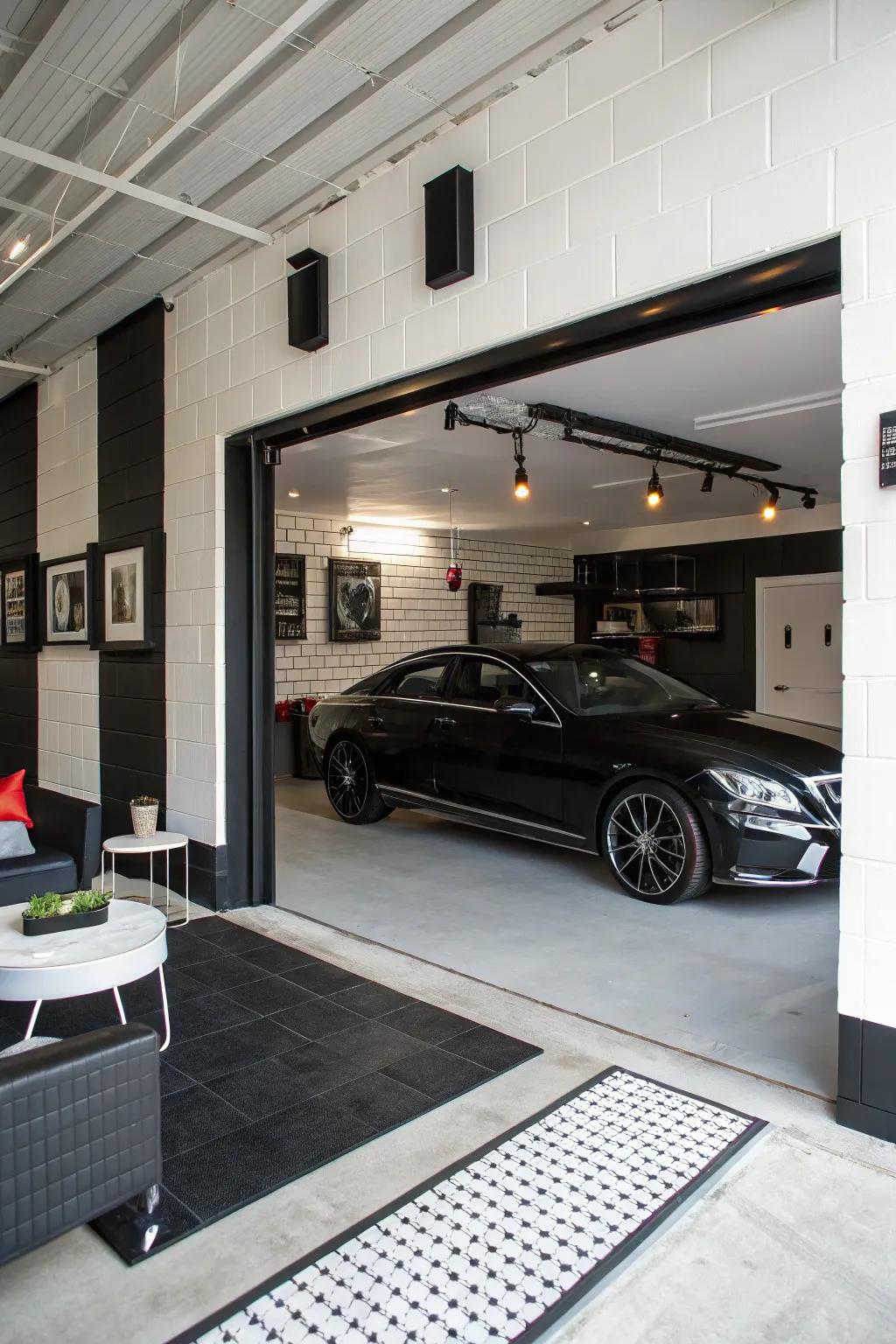 A classic black and white palette adds sophistication to any garage.