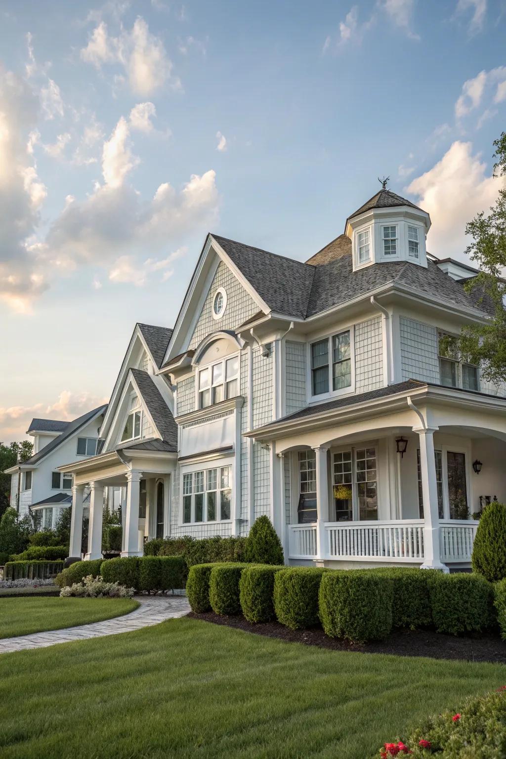 Timeless white and gray two-tone siding achieves a polished look.