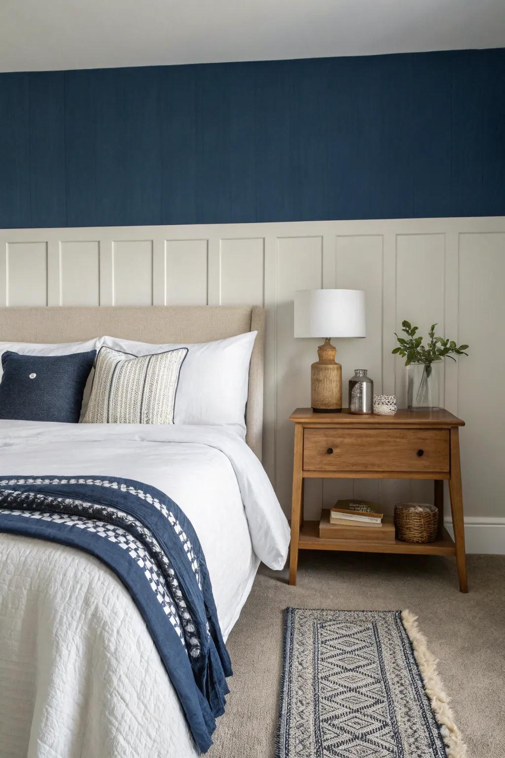 Bedroom showcasing a timeless horizontal two-toned wall scheme.