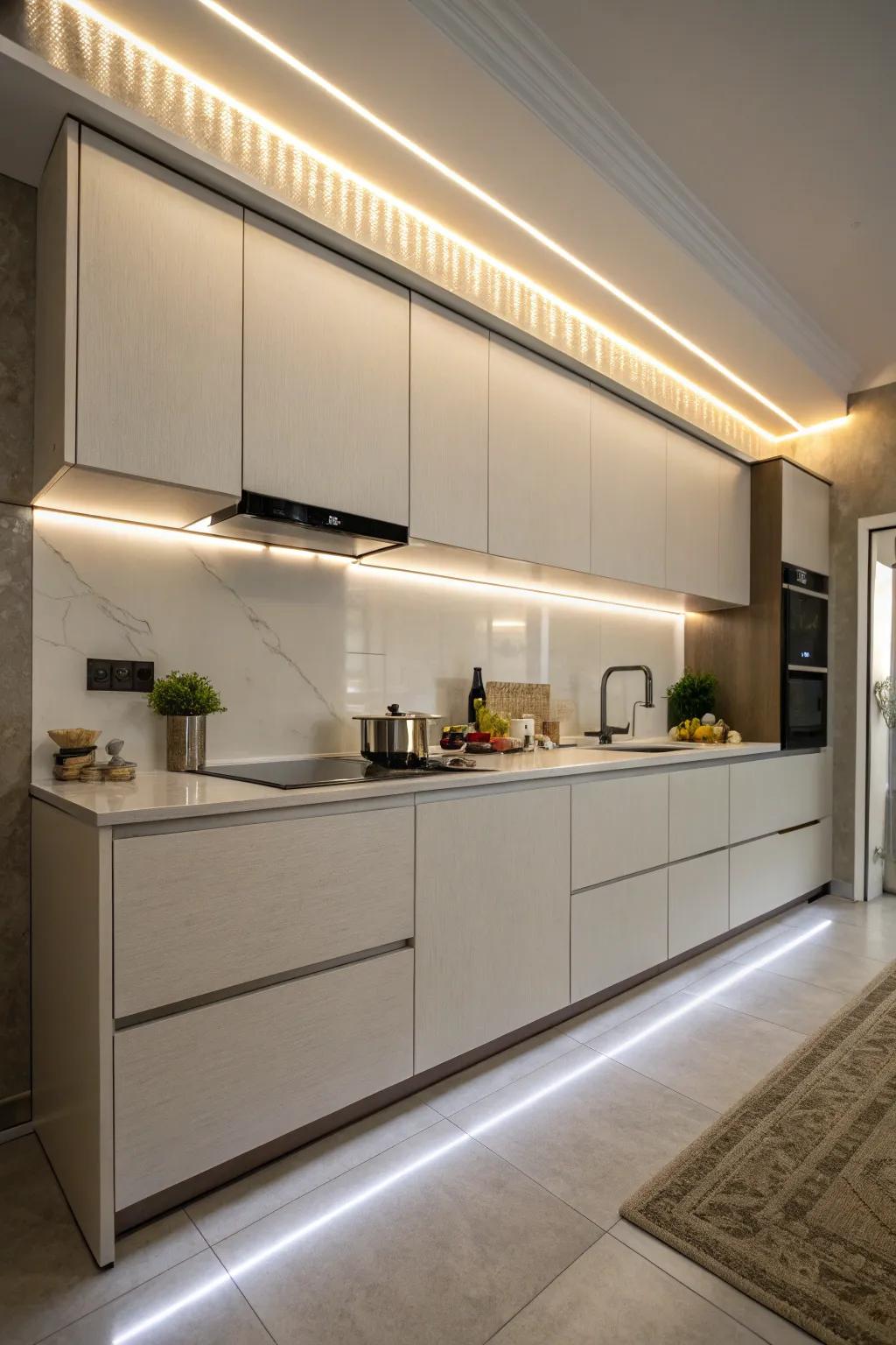 LED strip lights seamlessly integrate beneath kitchen cabinets for a contemporary look.
