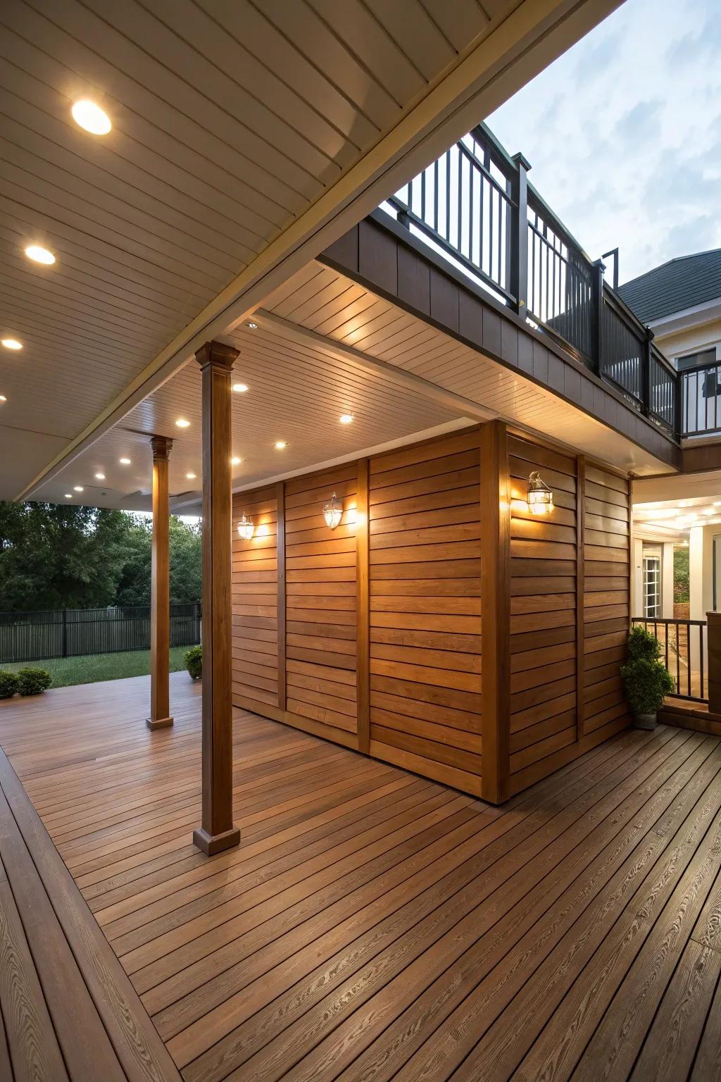 Wood panels offer a streamlined and well-organized appearance for under-deck storage.