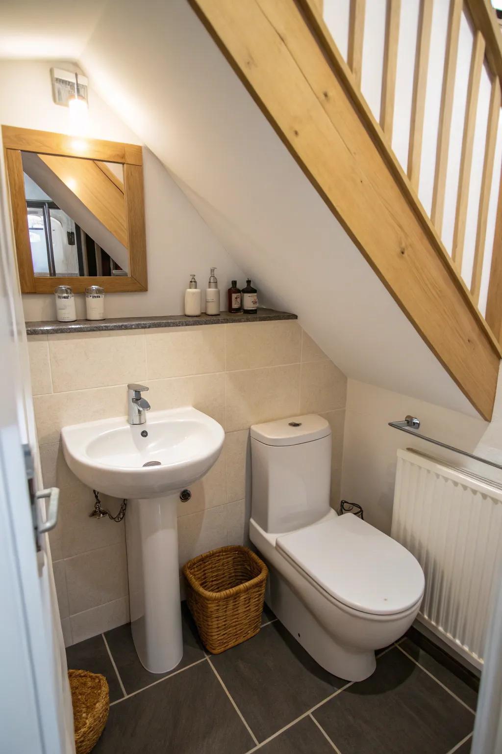 A below-stairs washroom showcasing a clever space-optimized layout using a corner sink and elevated toilet.