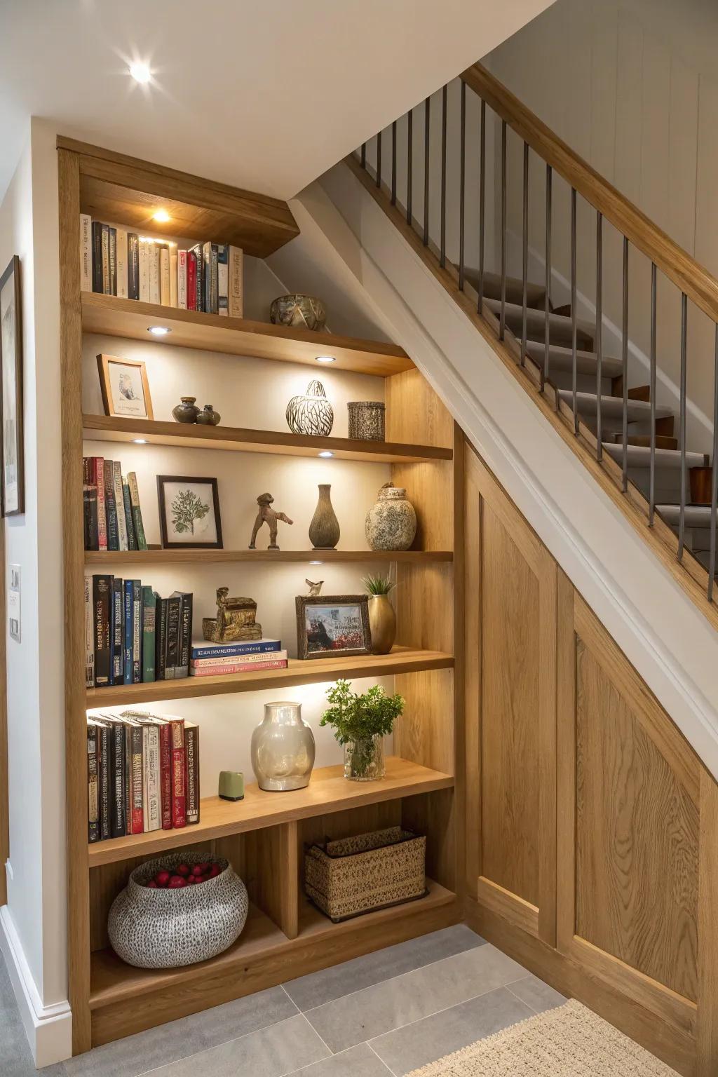Customized shelving metamorphoses the area beneath the staircase into a structured sanctuary.