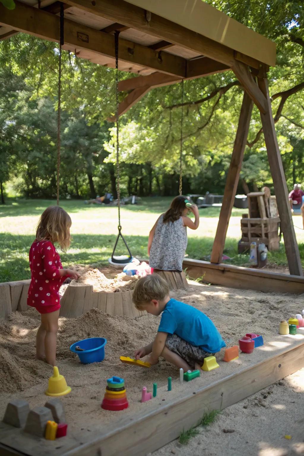 A simple sandbox turns the area into an imaginative play space.