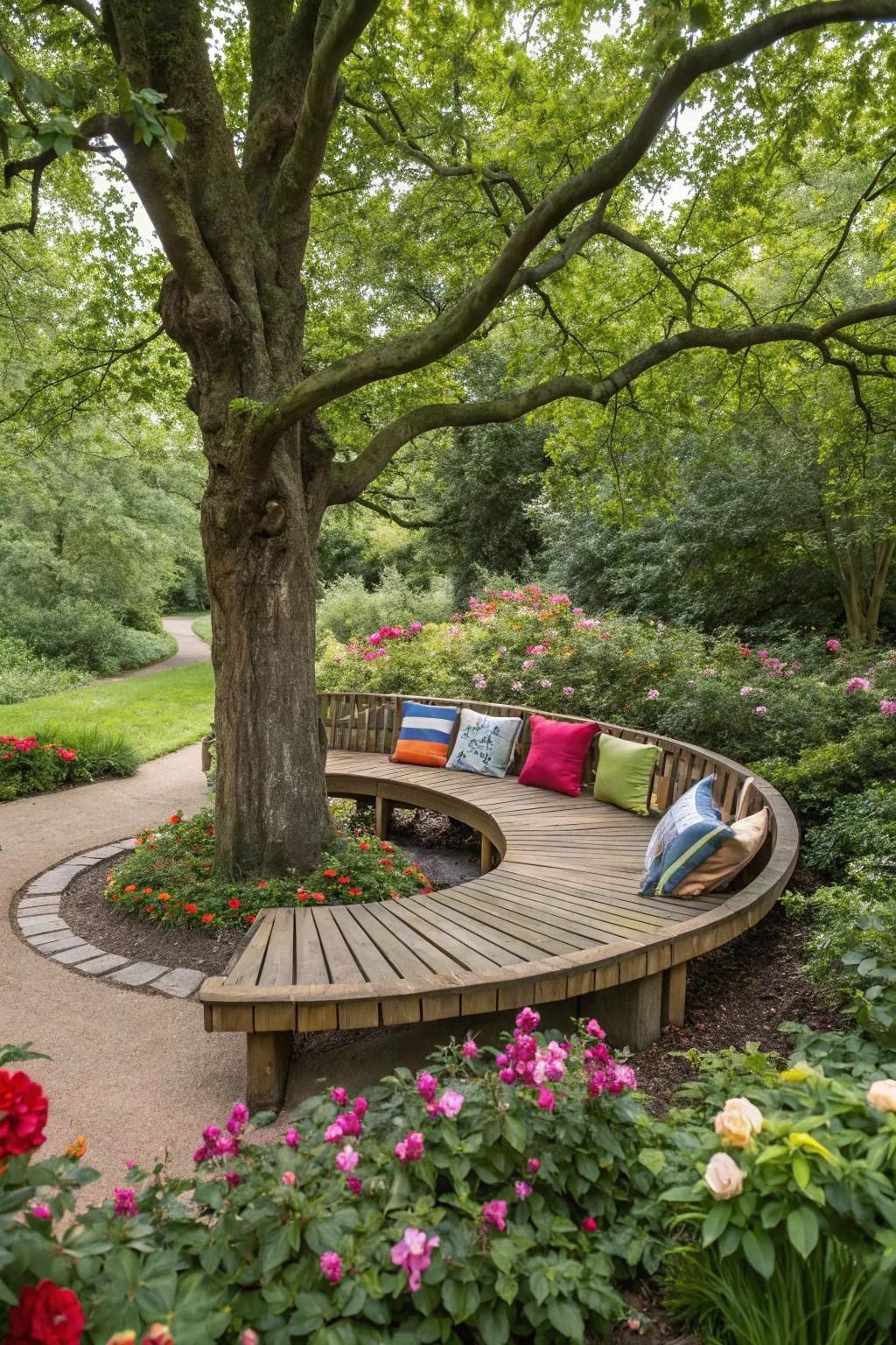 A gracefully curved wooden bench embraces the tree, beckoning you to sit and enjoy pleasant company.