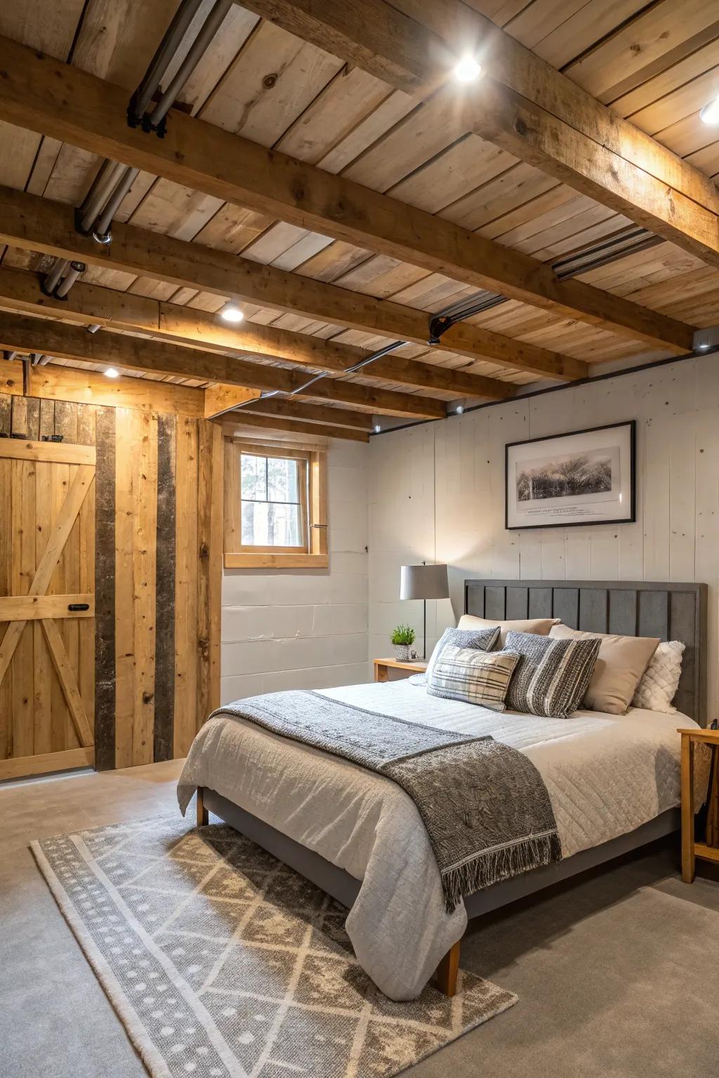 Exposed beams introduce a hint of rustic elegance to your basement bedroom.