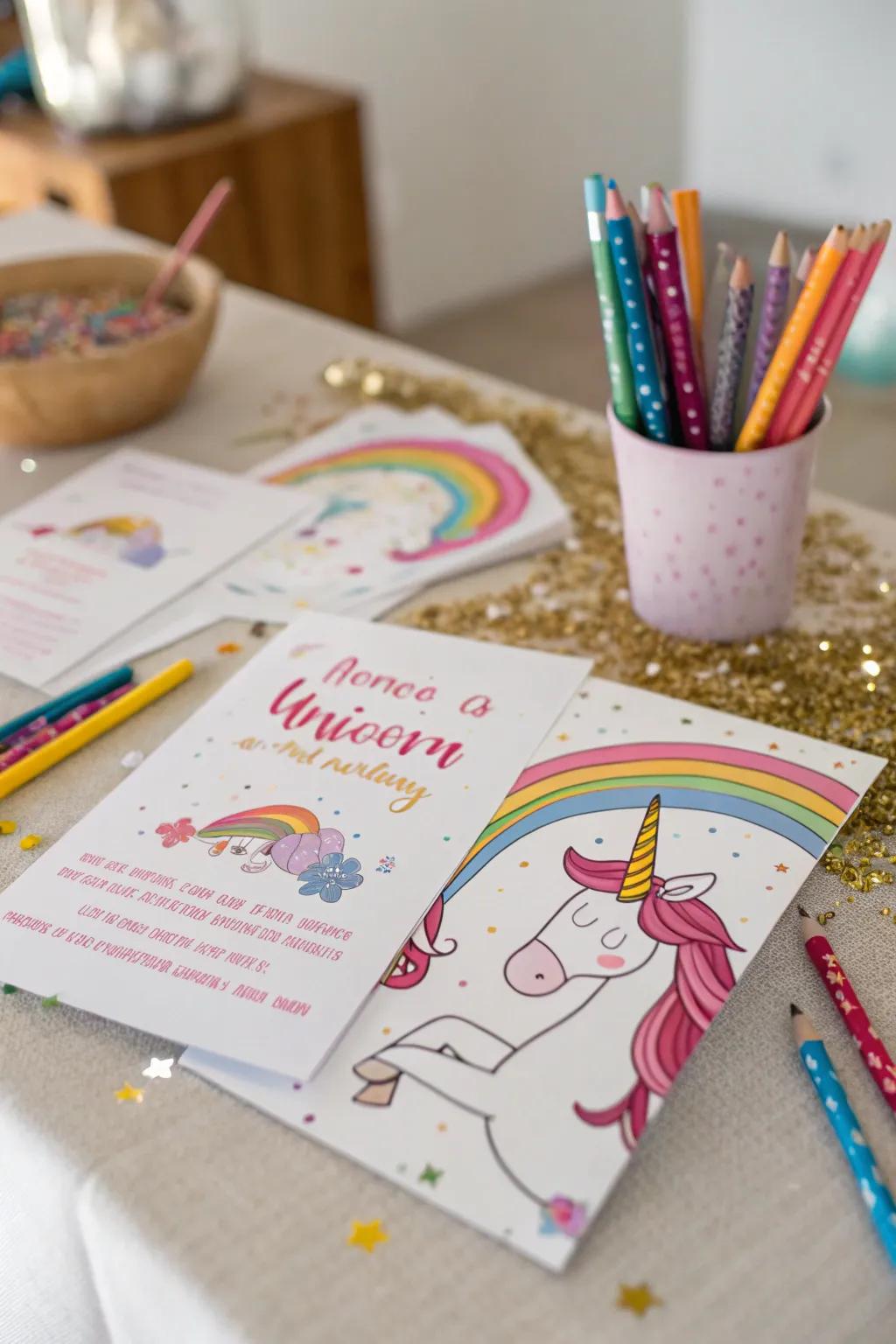Handmade unicorn invitations crafted with love and creativity.