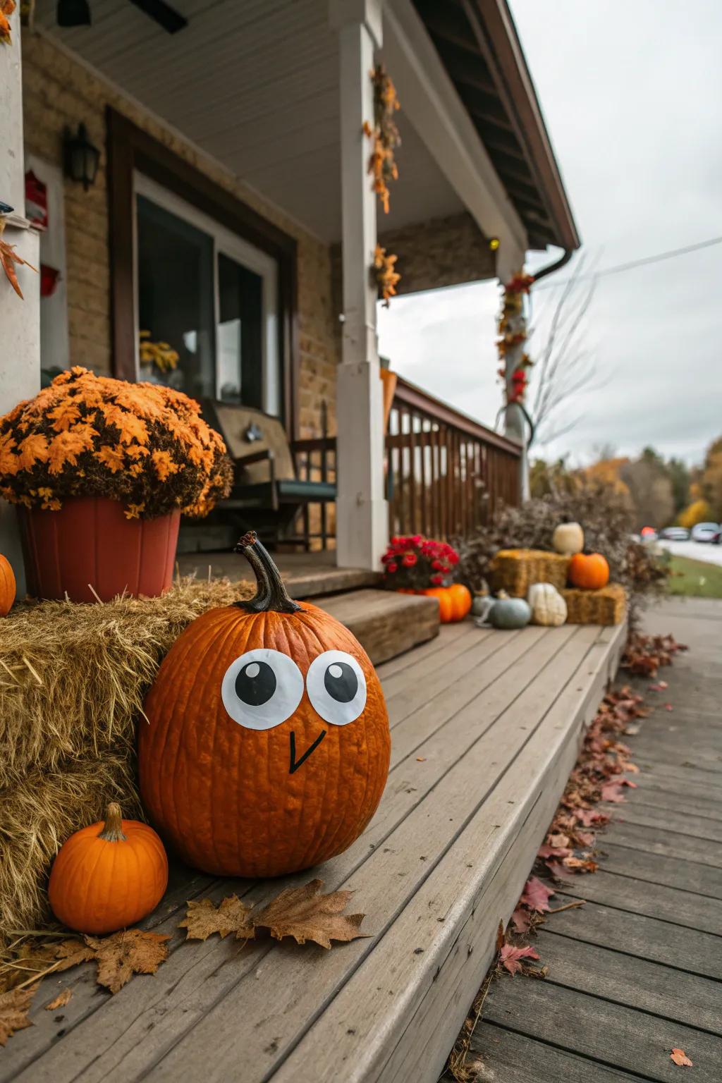 A pumpkin adorned with wobbly eyes, bringing a touch of humor to the autumnal setting.