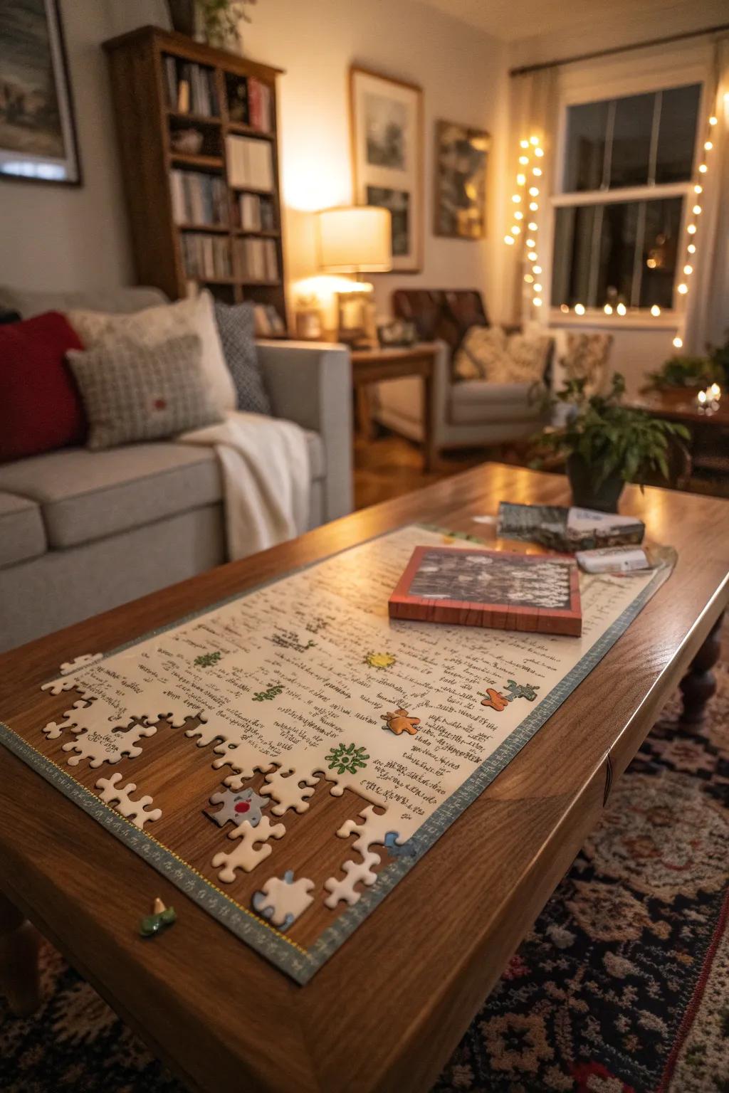 Guests inscribe messages on puzzle pieces, crafting a complete tableau of the event.