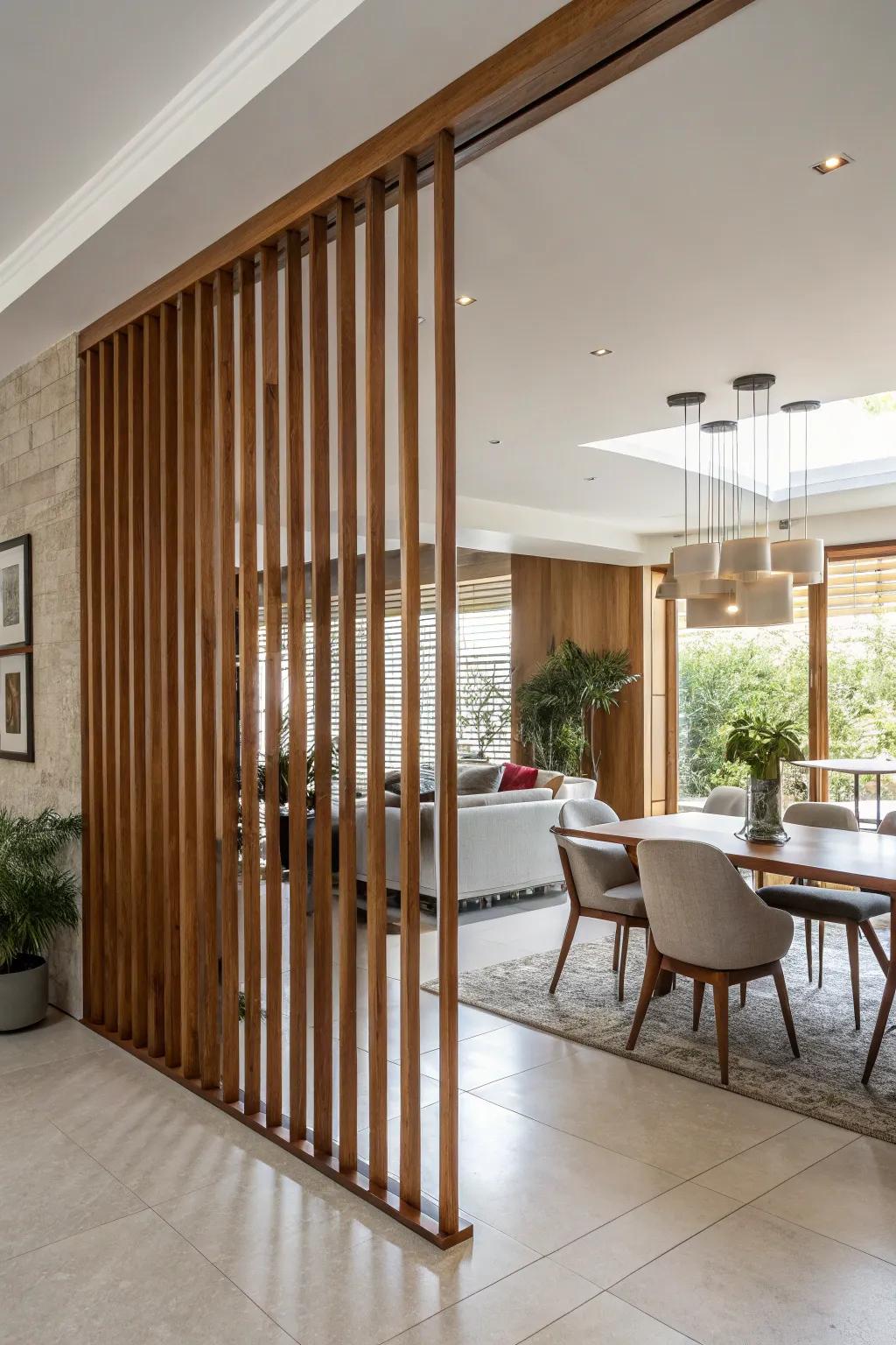 A contemporary area featuring vertical wooden slat partitions that provide subtle demarcation.
