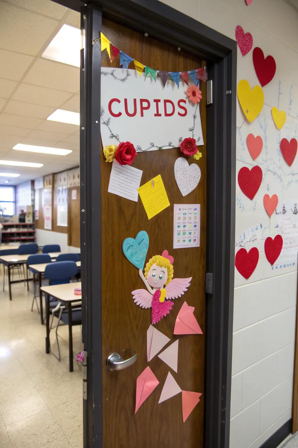 A Cupid's Nook—a classroom door brimming with affectionate notes and cherubic figures.