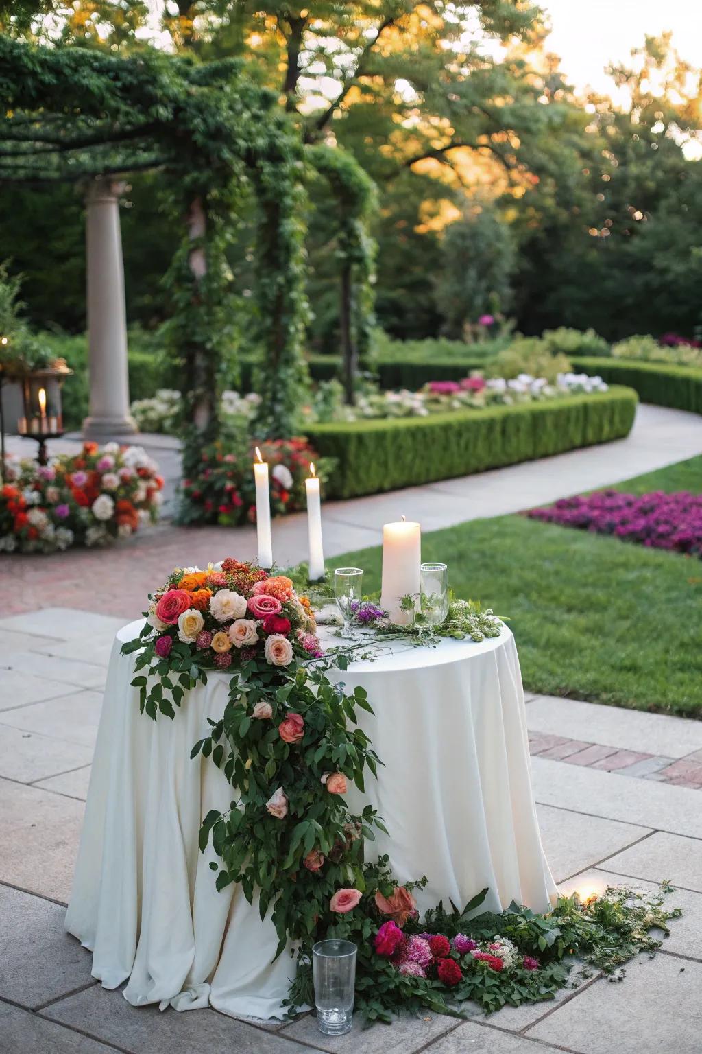 A unity candle platform beautifully ornamented with thriving greenery and vivid flowers.