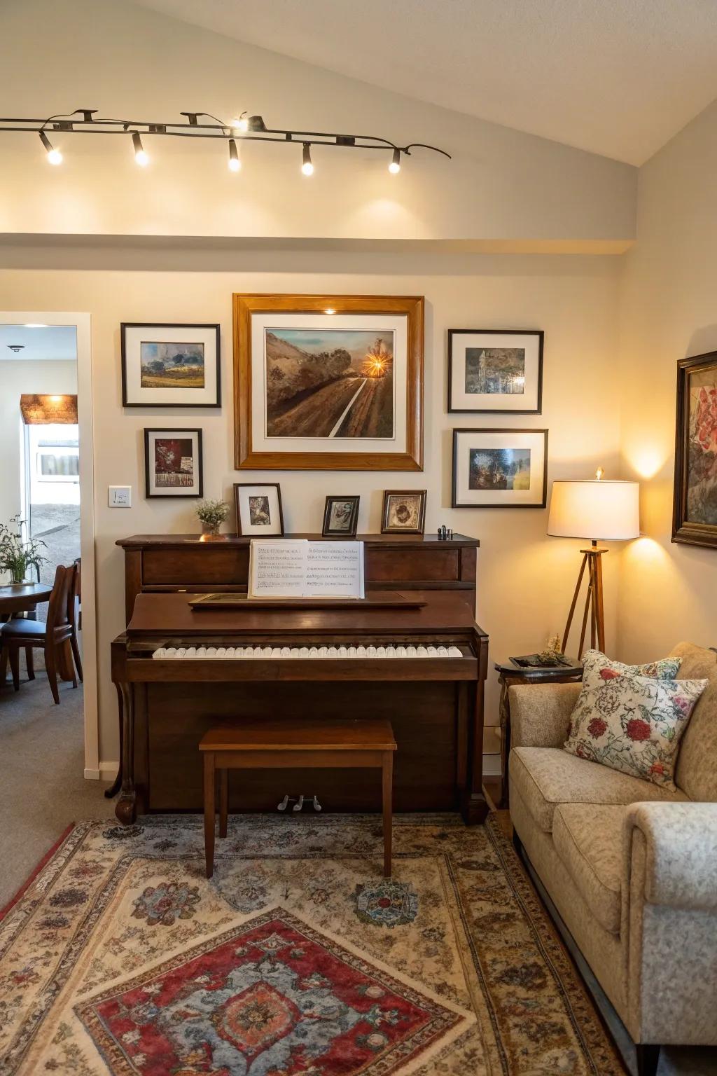 An inviting living space featuring an upright piano complemented by an art gallery wall above.