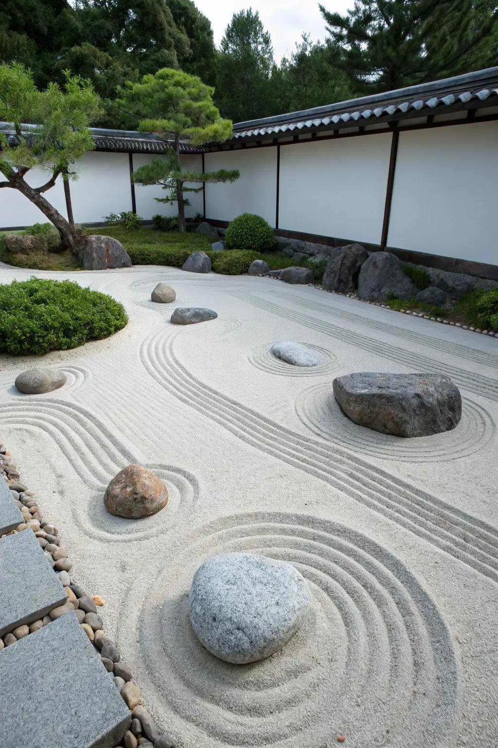 A tranquil Zen garden uses sand to cultivate serenity.