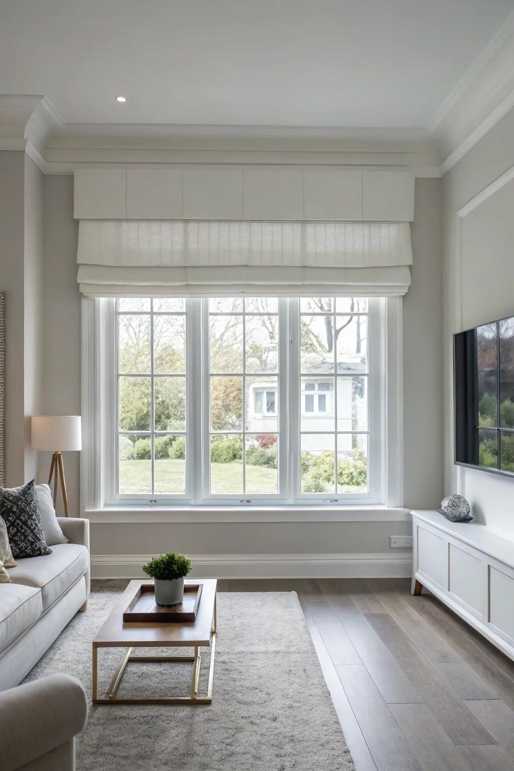 A minimalist window featuring a pristine white valance in a modernly designed living space.