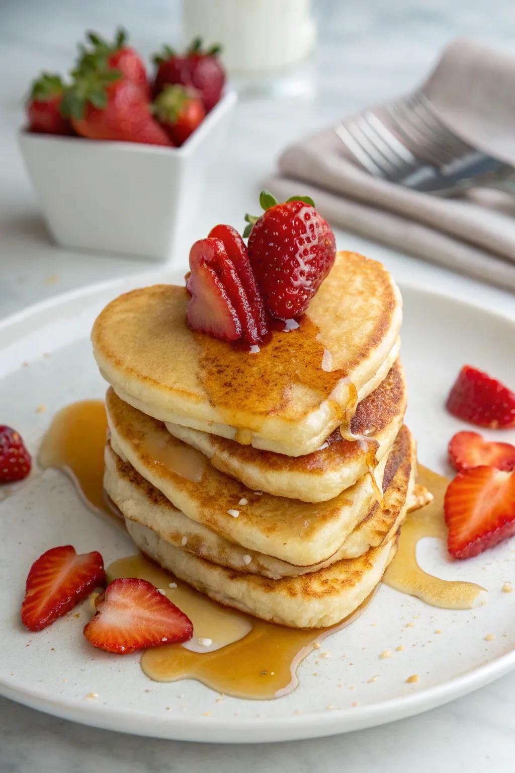 Delightful heart-shaped pancakes adorned with fresh strawberries.