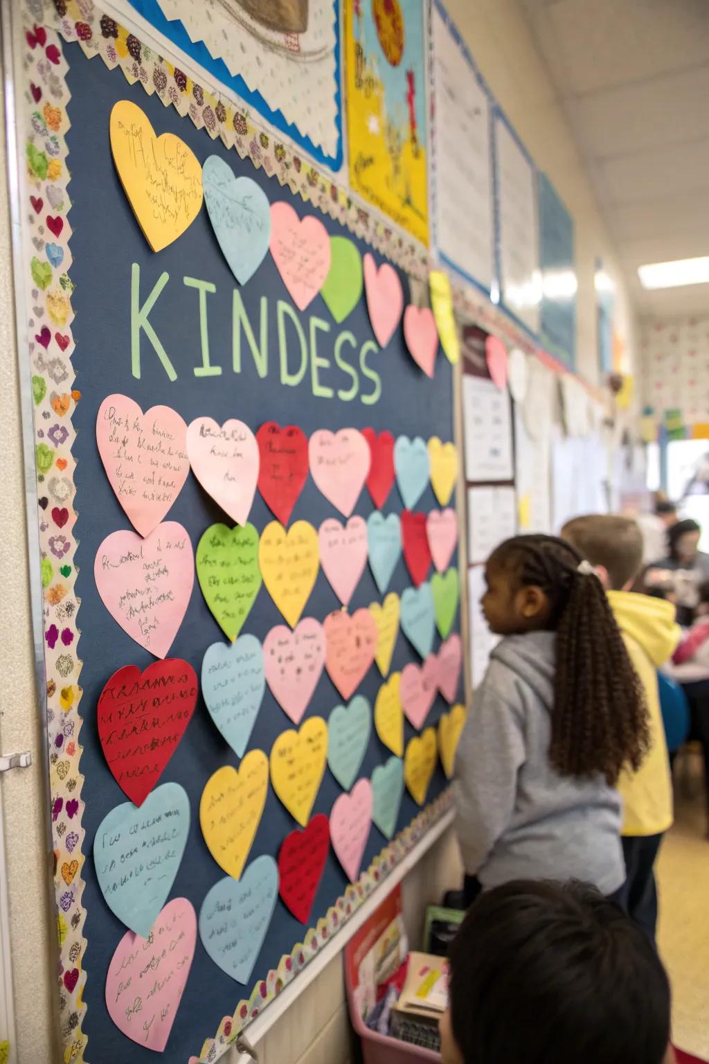 A bulletin board overflowing with earnest sentiments inscribed on heart-shaped notes.