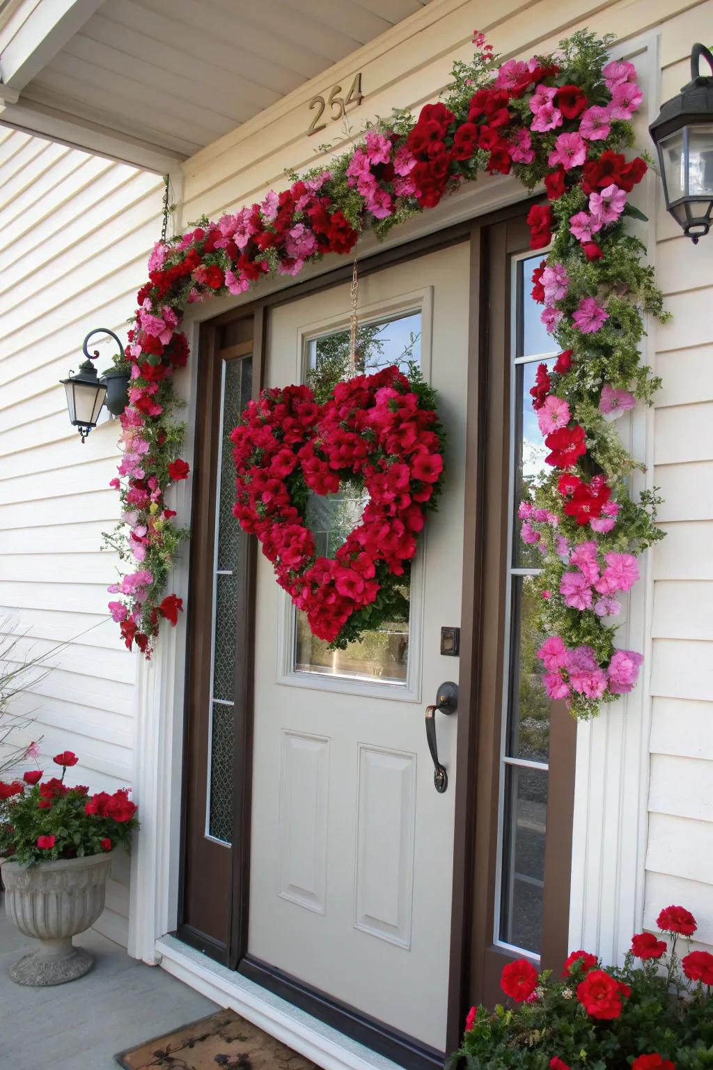 A heart-formed floral adornment introduces charm to any Valentine's Day entryway.